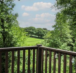 A view from a wooden balcony overlooking a green field and trees at Hideaway Cottage in St Ann's Chapel, Cornwall