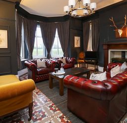 A living room with red leather sofas a yellow armchair a fireplace and a television at Tirallen in Llangadog