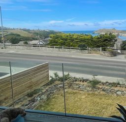 A coastal view with a road, green hills, beach, and ocean seen from behind a glass balcony with a dog lying down and a plant nearby at Porth Beach in Porth near St Columb Minor