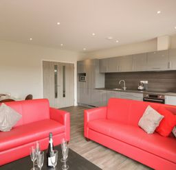 An open plan living area with two red sofas, a black coffee table with glasses and a bottle, and a kitchen with grey cabinets at Lulstead in Nottington near Weymouth