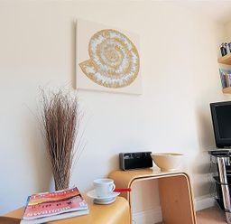 A corner of a living room with a TV on a stand shelves with books a small table with a radio a bowl and a cup a magazine and a bundle of dried sticks on the floor at 1 Coppers Knapp in Lyme Regis