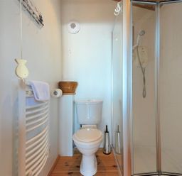 A bathroom with a toilet, a glass shower enclosure, a towel radiator, and a waste bin at St Anton Lyme Regis