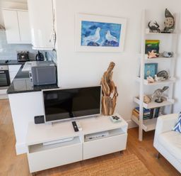 A living room with a television and decorative items at Seagull in Lyme Regis
