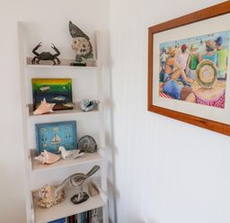 A shelf with seashells and a crab in a living room at Seagull in Lyme Regis