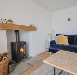 A living room with a wood-burning stove a blue velvet sofa with cushions a wooden coffee table and a wicker basket at Ancient Lights in Lyme Regis