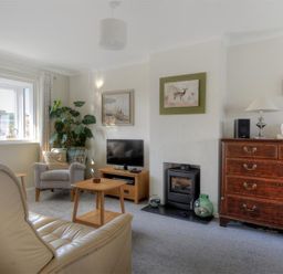 A living room with armchairs a television a fireplace and a wooden dresser at Woody View in Colyton