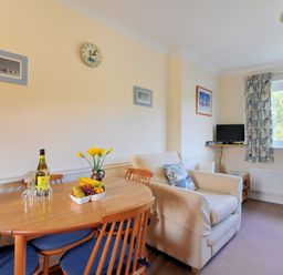 A dining table with a bottle of wine and fruit bowl next to an armchair and a small TV under a window at Bridge House Apartment in Charmouth