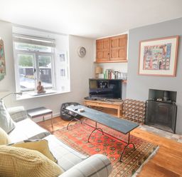 A living room with a sofa a coffee table a television a fireplace and bookshelves at Coombe Street Cottage in Lyme Regis