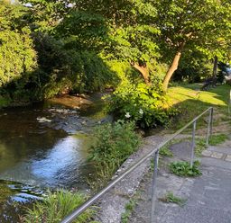 A pathway with a metal railing beside a small river and trees with benches along the grassy area at Bethel Cottage in Lyme Regis