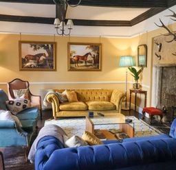 A living room with blue and yellow sofas paintings of horses and a stone fireplace at Old Monmouth in Lyme Regis