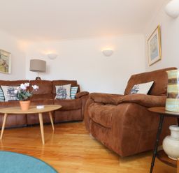 A living room with two brown sofas a wooden coffee table with a plant and cushions with ship designs at Port View in Falmouth