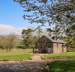 A small stone cottage with a gravel path in a green field surrounded by trees at Herdie Hideaway in Appleby-In-Westmorland