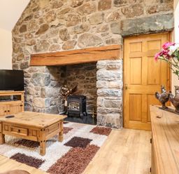 A living room with a stone fireplace wooden furniture a television flowers and decorative roosters at Caerffynon Bach in Dyffryn Ardudwy