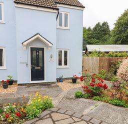 The front entrance of a light blue house with a dark door and surrounding flower beds at Mews Cottage in Laugharne
