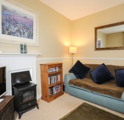 A living room with a blue sofa with cushions a bookshelf a television on a stand a fireplace a floor lamp and a large mirror at Amelie Cottage in Beaumaris Anglesey