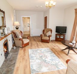 A living room with armchairs a fireplace a rug a coffee table and a television at Glebe Farm Cottage in Rathfriland County Down