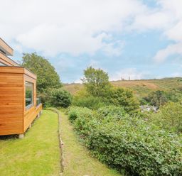 A wooden house overlooking a green hillside with bushes and trees at 9 Cedars in St Agnes