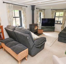A living room with two dark sofas a wood stove a television and a wooden bookshelf at Wood Brook Cottage in Crowan