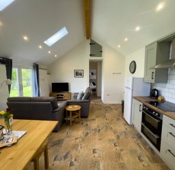 An open plan kitchen and living room with a dining table flowers a sofa television and a refrigerator at The Byre @ Canllefaes in Penparc near Cardigan