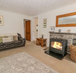 A living room with a leather sofa fireplace and wood basket at Bwthyn Pengwern in Saron near Caernarfon