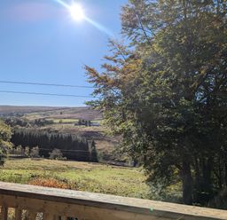 A countryside view with fields trees and hills under a clear sky at Chestnut in Nenthall near Alston