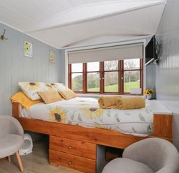 A small bedroom with a bed with sunflower bedding two gray chairs and a wall mounted TV at Rabbit Hill Hut in Govilon