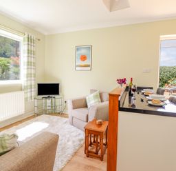 A living room with armchairs a small table a television on a glass stand and a breakfast bar with plates and wine at Cam O'r Fechan Annexe in Llangollen