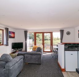 A living room with a sofa and television at Delphine Lodge, Meadow View Lodges Brean