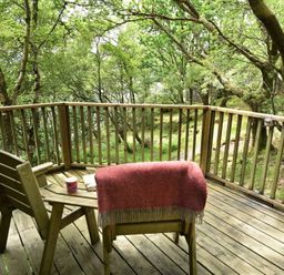 A wooden deck with two chairs a small table a red blanket a book and a mug surrounded by trees at Chapel House in Torridon
