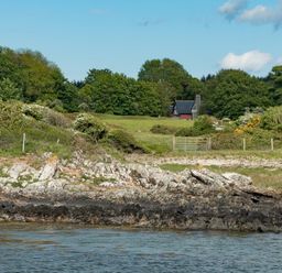 Rocky shoreline with grassy area and trees surrounding a house at Beltie Lodge in Borgue