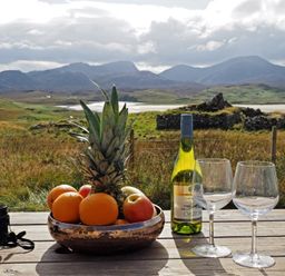 A wooden table outdoors with a bowl of fruit a bottle of wine two empty wine glasses and binoculars with mountains and ruins in the background at Eagle Lodge in Uig near Stornoway