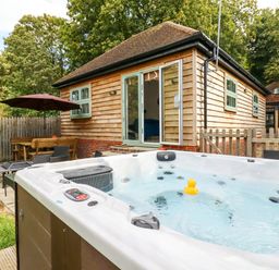 An outdoor area with a hot tub a wooden house with open doors a picnic table with umbrella and a barbecue grill at Dreamwood Lodge in Keston near Leaves Green