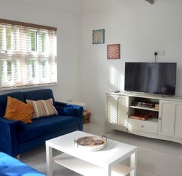 A living room with blue sofas a white coffee table a television on a cabinet and windows with blinds at Dreamwood Lodge in Keston near Leaves Green