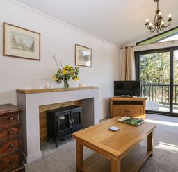 A living room with a wooden coffee table a fireplace a television on a cabinet and sliding glass doors at Manor Farm Lodge in Bowerchalke