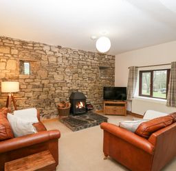 A living room with two brown leather sofas a stone fireplace and a television at Bullfinch Cottage in Kingsland