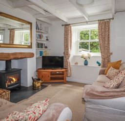 A living room with a sofa and television at Gwynn Cottage in St Mabyn