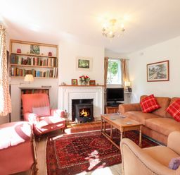 A living room with chairs sofa a fireplace bookshelf and a television at Warren Cottage in Bures near Assington