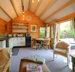 A wooden interior living space with a kitchen area round dining table and chairs a white armchair with a fur cover and an outdoor seating area visible through open doors at Willow Lodge in Potter Heigham