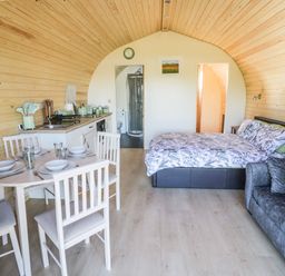 A combined living space with a dining table set for four a kitchen, a bed, a sofa, and a bathroom visible at Ailsa Craig in Hillhampton, Great Witley