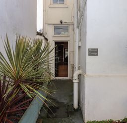 A narrow entrance with plants along the left side and a door at the end at Mimosa Cottage in Dawlish