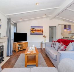 A living room with sofas a coffee table a television and a fireplace at Fell Foot Lodge Fellside 9 Limefitt Park near Troutbeck