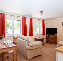 A living room with a dining table set with dishes two windows with red curtains a television on a stand and two beige sofas at Little Rowan at Rowan Park Farm in Ashwater