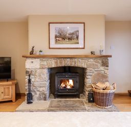 A stone fireplace with a wood-burning stove and a basket of firewood in a living room at Little Orchard in Ashburton Down near Ashburton