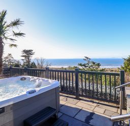 An outdoor hot tub on a tiled patio with palm tree and ocean view behind a black railing at Aelfor in Harlech