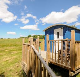 An outdoor wooden deck with chairs and a blue shed in a grassy field at Shepherds Hut in Boconnoc near Lostwithiel