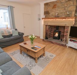A living room with two sofas a wooden coffee table a fireplace and a television at Redshank in Amble
