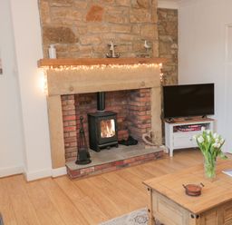 A living room with a stone fireplace and wood burning stove a television on a white stand and a wooden coffee table with flowers at Redshank in Amble