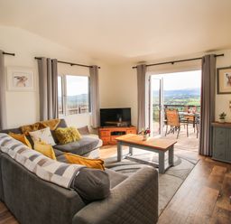 A living room with a gray sofa decorated with cushions a wooden coffee table a television a cabinet and an open door leading to an outdoor patio at Dragonfly Lodge in Worthen near Minsterley