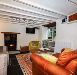 A living room with a fireplace and sofa at Woodview in Looe