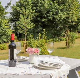 An outdoor picnic table set with plates forks wine glasses a bottle of wine and a flower vase in a garden